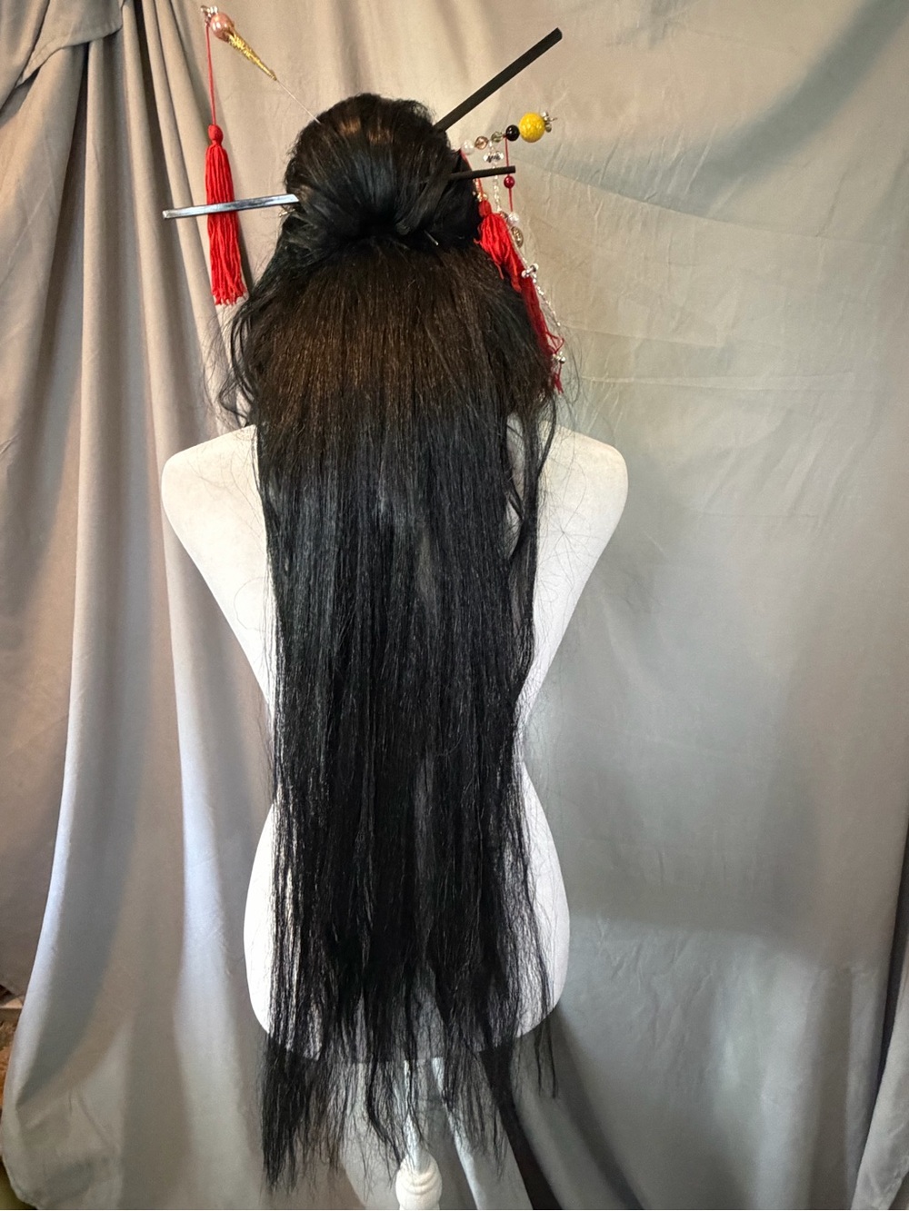 Rubie's Long Black Straight Hairpiece with Decorative Hair Sticks